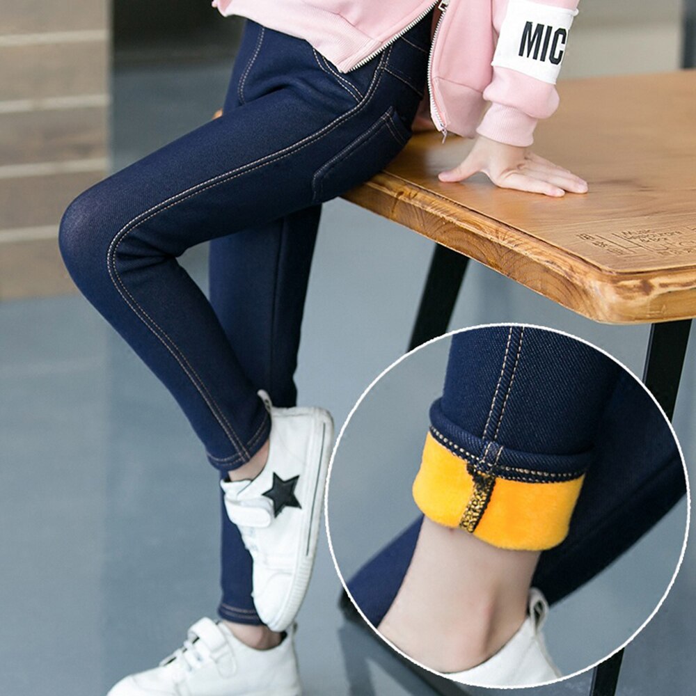 CYSINCOS Kids Girl Jeans Pants Winter Thick Plus Velvet Warm Long Trousers Baby Girl Leggings Stretch Jeans Children Denim Pants: Navy Blue / 140(10T)