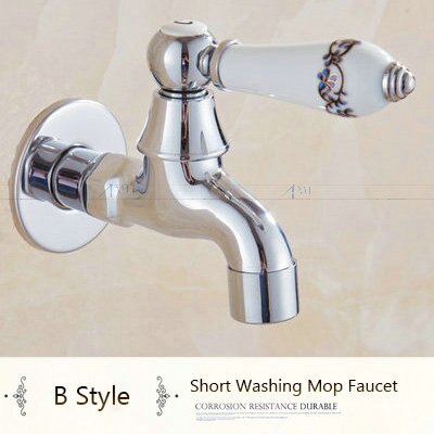 Chrome Polish Copper Faucet Porcelian/Jade Handle Garden Bibcock Washing Machine Faucet Outdoor Faucet Single Cold Tap 1015C: Short B Chrome