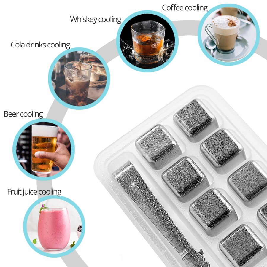 Cubitos de hielo de acero inoxidable, piedras de enfriamiento reutilizables para vino de whisky, mantenga su bebida fría más tiempo, paso de prueba SGS