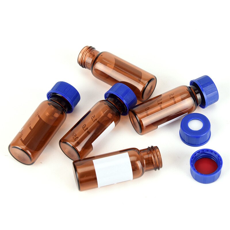 5 pc monsterflesjes 2ml flessen, bruine plastic deksel, gegradueerde ronde glazen reagensfles, blauwe schroefdop, schroefdeksel, gegradueerde dop