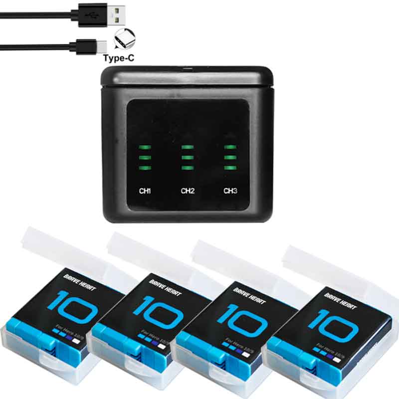 Boîtier de chargement de batterie GoPro 10 9, 3 voies, boîte de rangement de batterie 1980mAh, pour Go pro Hero 9 10, accessoires: charger and 4battery