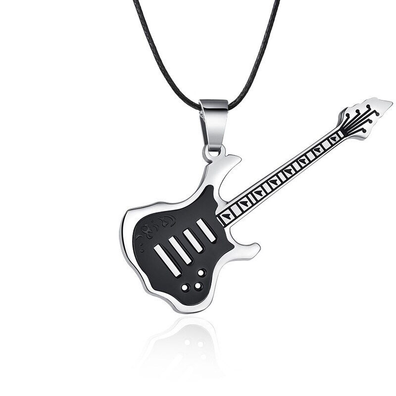 Rinhoo Trendy Lederen Ketting Gitaar Ketting Voor Mannen Punk Rock Muziek Sieraden Rvs Ketting Hanger: Black