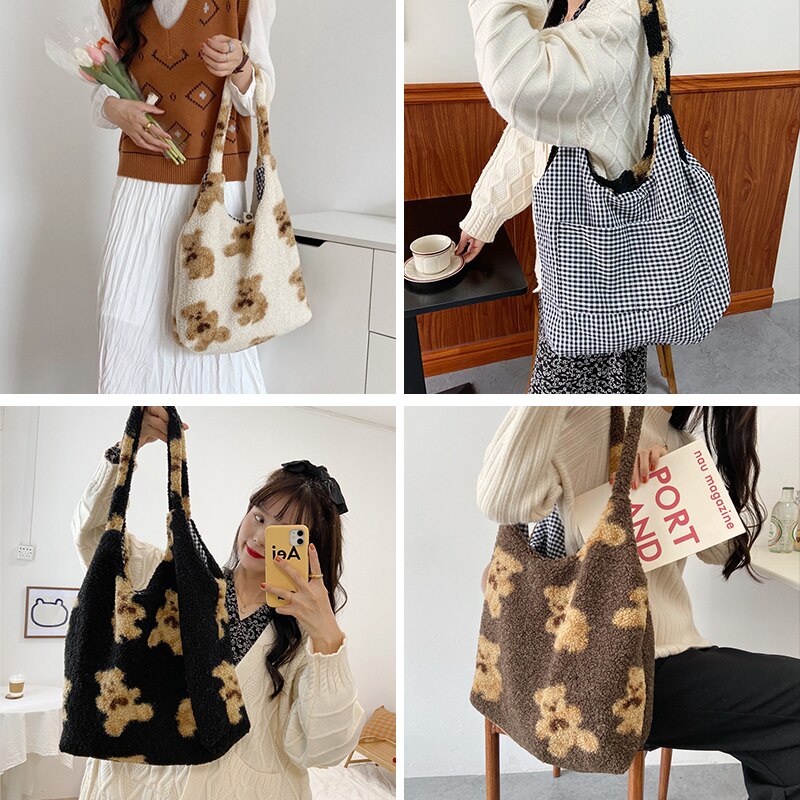 TrendyGal Ins Style Lait Double Face en Coton Sacs À Bandoulière avec Ours Imprimés Printemps Femmes Décontracté Fourre-Tout À Carreaux Style Sacs À Main