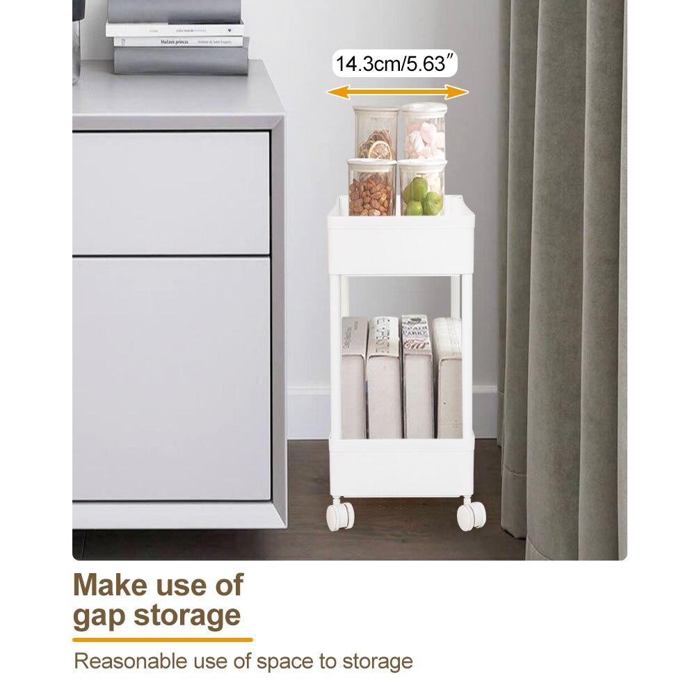 BAOYOUNI 2 Tier Plastic Slim Trolley Movable Storage Cart Pull Out Trolley Shelf with Wheels for Kitchen Bathroom White