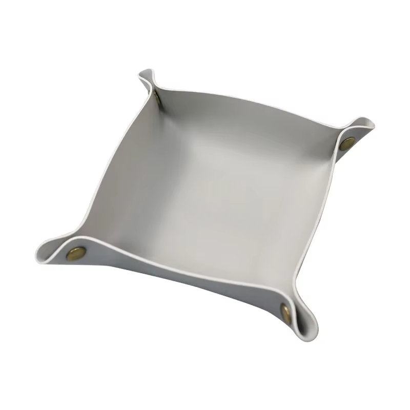 Caja de almacenamiento de cuero nórdico, bandeja de almacenamiento de escritorio, joyería, cesta de almacenamiento de llaves y cosméticos, estuche de almacenamiento plegable, organizador de mesa: Gris claro