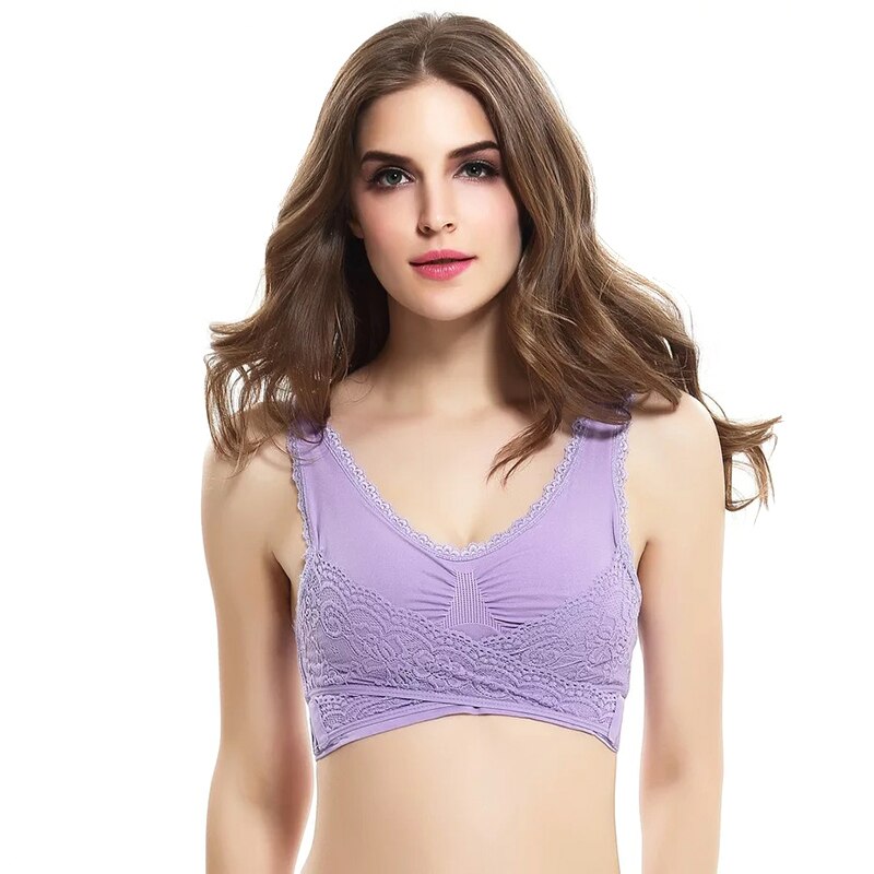 Nieuwste comfortabele volledige ondersteunende bh kanten bralette effen kleur voorkant kruis zijkant gesp bh: Paars / Extra groot