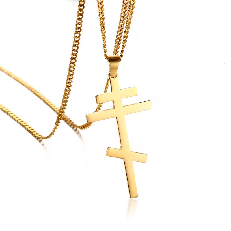 Vnox Slavonic Cross Hanger & Ketting voor Mannen Orthodoxe Christendom Eeuwige Kerk Sieraden Rusland/Griekenland/Oekraïne: Goud-kleur