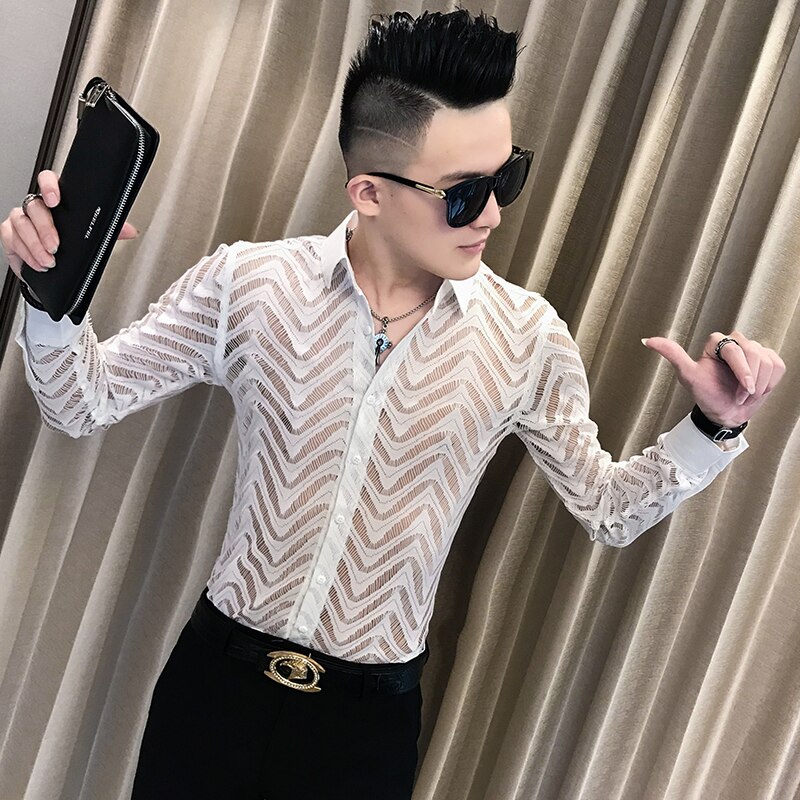 Koreanske plus size mænd skjorter afslappet efterår mænd tøj hul blonde skjorte herre match camisas para hombre 4xl: Hvid / Asiatiske  m 48-52kg