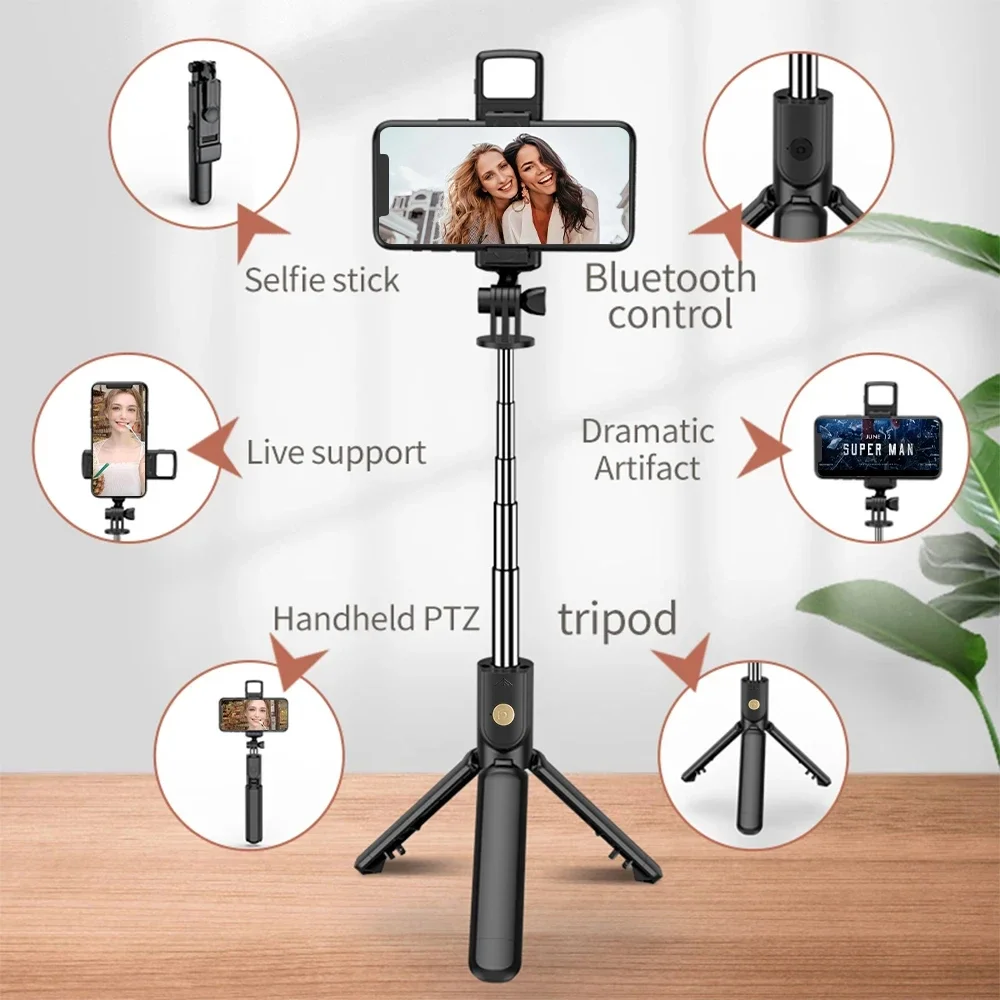 Bluetooth Selfie Stick Draadloos 360° draaibaar statief Afstandsbediening Sluiter Invullicht Multifunctionele intrekbare standaard
