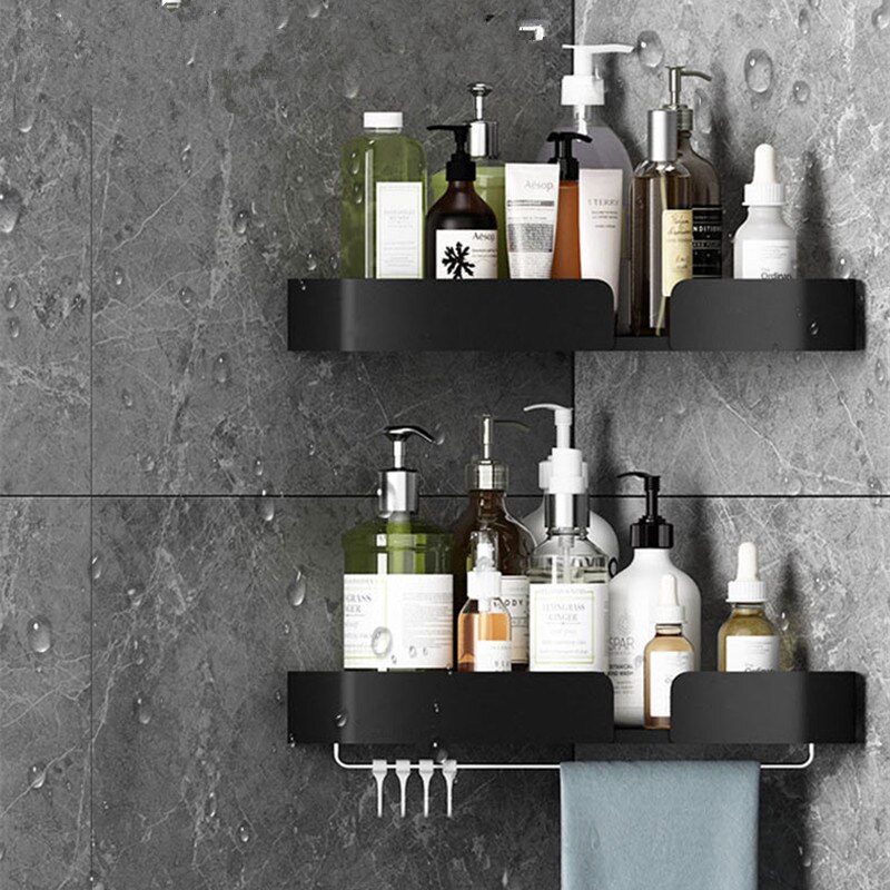 Væghængt hjørneopbevaringsstativ sort badeværelseshylde bruseopbevaring trekanthylder håndklædestang badeværelsestilbehør
