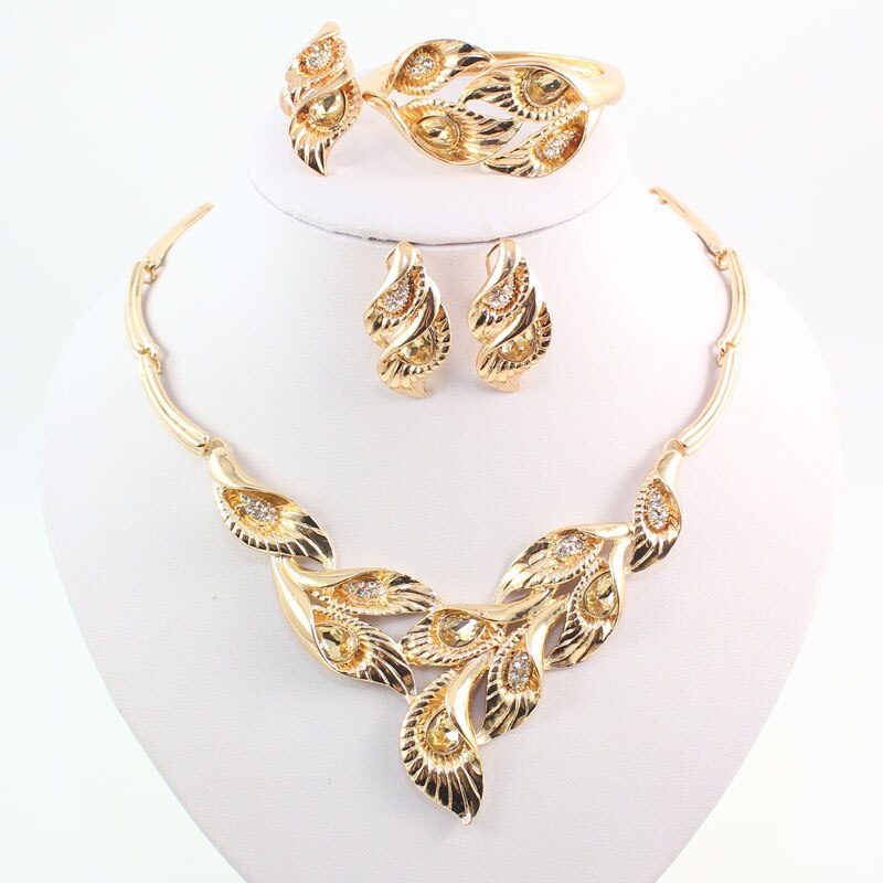 Gold Farbe Schmuck Sets Blätter Form African Kostüm Halskette Set Frauen Braut-accessoires