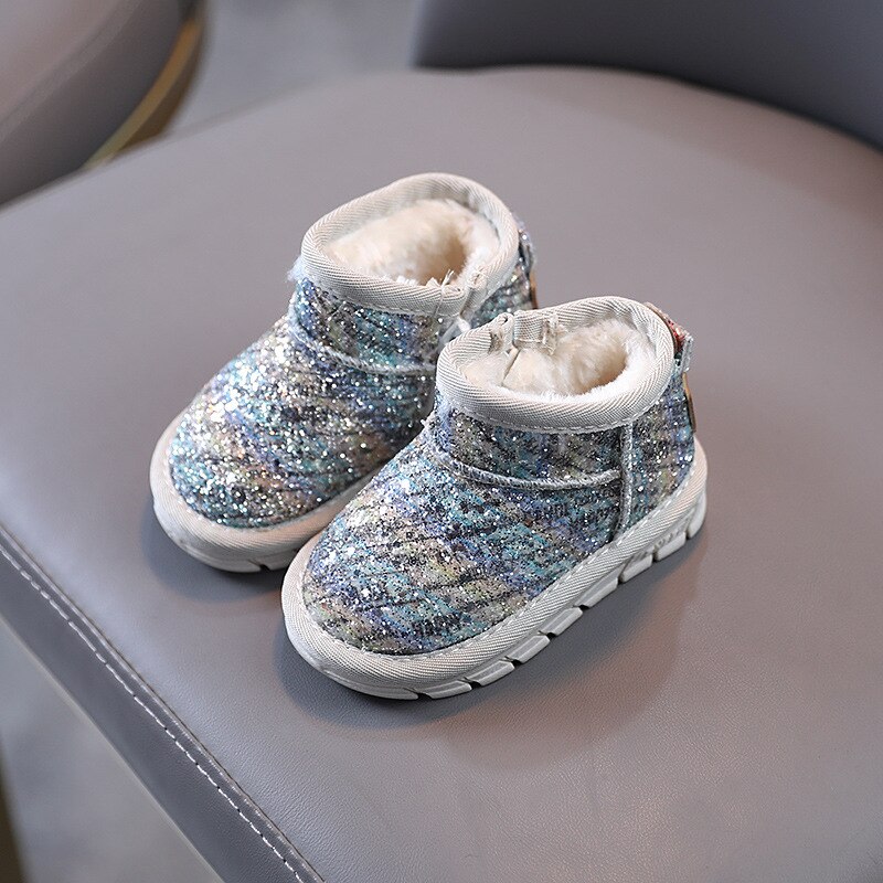Botas de nieve para bebé, botines de piel cálida a la para niño, botines de princesa rosa brillante, para niño pequeño, primer andador, Invierno: Silver / 7