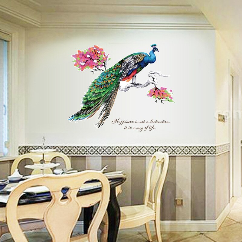 Farverig påfugl på en trægren wallstickers stue soveværelse dekoration baggrund vægmaleri kunst decals aftagelige klistermærker