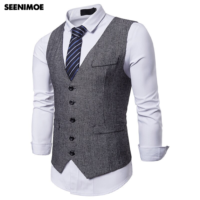 Seenimoe Mens Waistcoats Formal Blazer Vests Single Breasted Vest Suit V-neck S-XXL Male Business Dress Vest