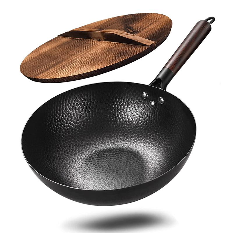 12.5 "Traditionele Ijzeren Wok Koolstofstalen Wokpan Met Antiaanbaklaag Keuken Cookwar Woks En Roerbakpannen Met Deksel Voor Alle Kachels: Bruin
