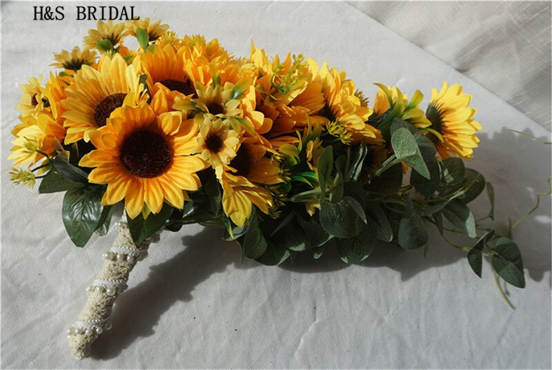 H&amp;S BRIDAL Sunflower Teardrop Wedding Bouquet Waterfall Bridal Flower Bouquet Lace handle Bruidsboeket bouquet de mariage