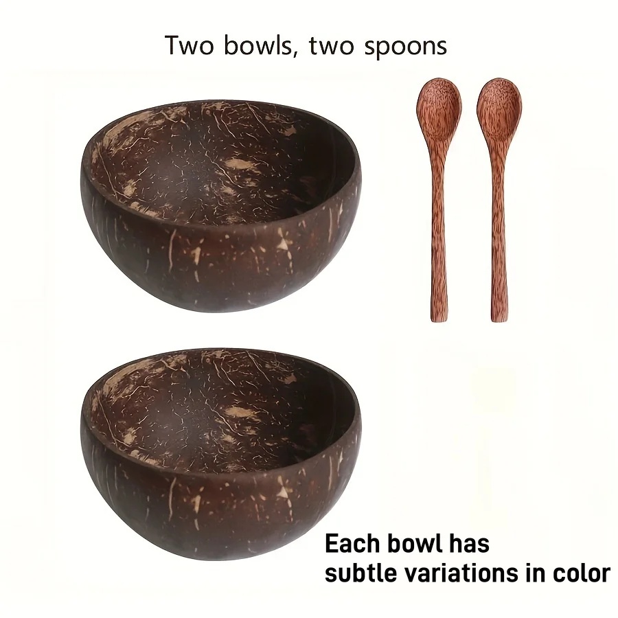 1/2/4 juegos de cuencos de cáscara de coco con cucharas, contenedor de postre de arroz, fruta, yogur, ensalada, vajilla de madera para el hogar y la cocina: Azul / 7 pulgadas