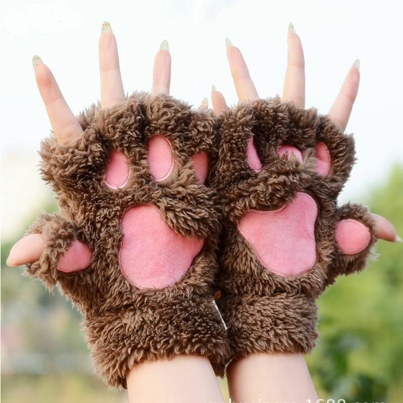 Winter Vrouwen Mooie Beer Kat Claw Paw Mitten Pluche Handschoenen Korte Vinger Grijs Koffie Kaki Beige Zwart Groen: Coffee