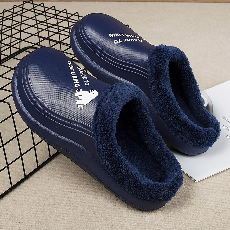 Zuecos de casa de invierno para hombre, zapatillas de levantar con impresiones, Forro cálido de felpa, zapatos impermeables para casa, zuecos cálidos de ,: Navy / 45