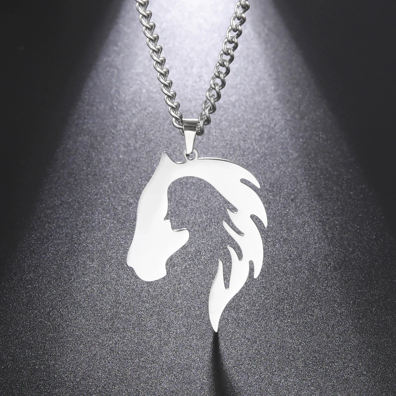 Horse Head Silhouette Girl Pendant Necklace Hollow Stainless Steel Choker for Women Jewelry: RED-BROWN