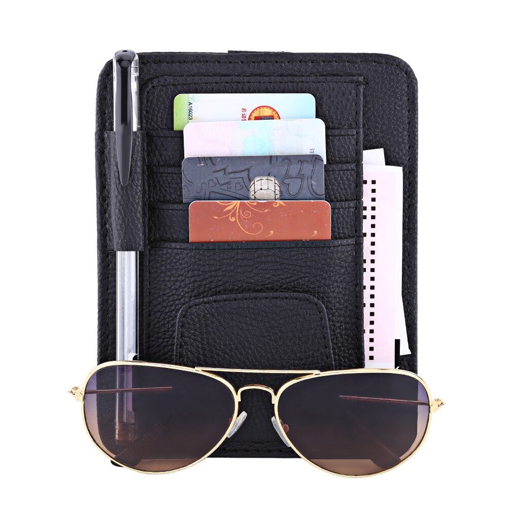 Auto Sonnenblende Organizer Rechnung Stift Karte Halfter CD Organizer Lagerung Kasten Sonnenbrille Clip PU Leder Verstauen Aufräumen Auto Zubehör: Schwarz