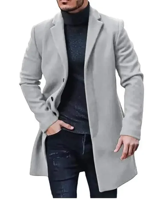 Men's Spring Autumn Mid length Cotton Coat Wool Blended Solid Color Casual Business Slim Fit Windproof Jacket: XL / GRAY