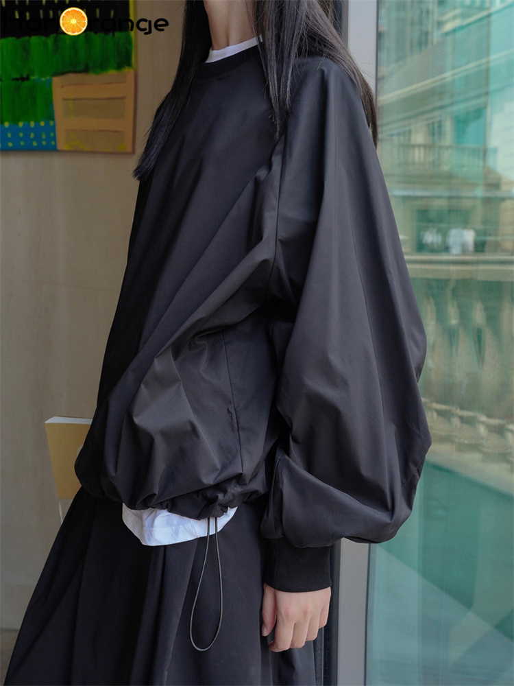 Hanorange forårs afslappet sports-sweatshirt med o-hals dame løs pasform komfortabel langærmet top sort/beige