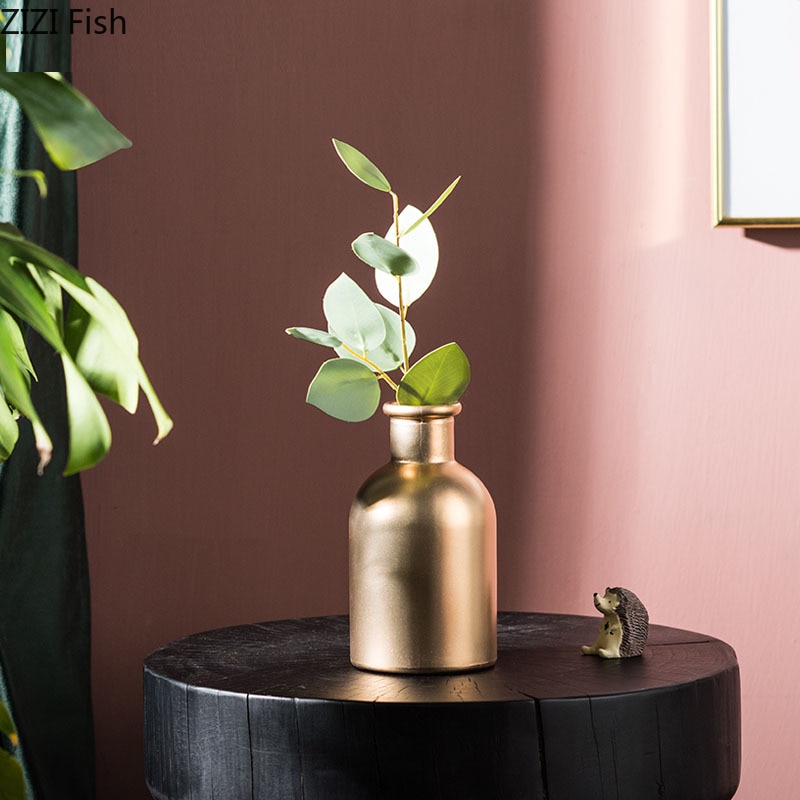 Nordisk enkel vas i gyllene glas torkade blommor blommor införda prydnadsföremål sovrum vardagsrum butik dekoration ornament
