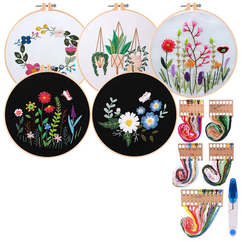 5 Sets Embroidery Starter Kit Cross Stitch Kit with Embroidery Clothes Embroidery Hoops Color Threads Needle Kit