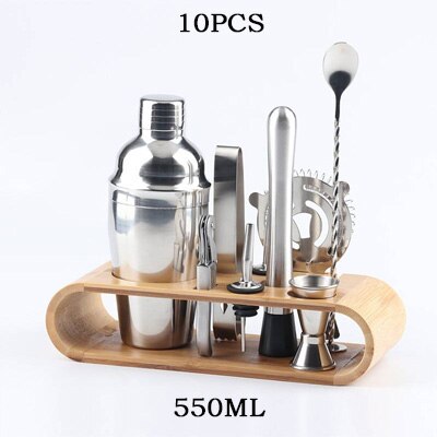 10-12 PCS Barware Set Stainless Bar Cocktail Shaker Set Shaker Set With Wooden Rack Storage Stand Bars Mixed Drinks Tool Holder: A.550ML10PCS