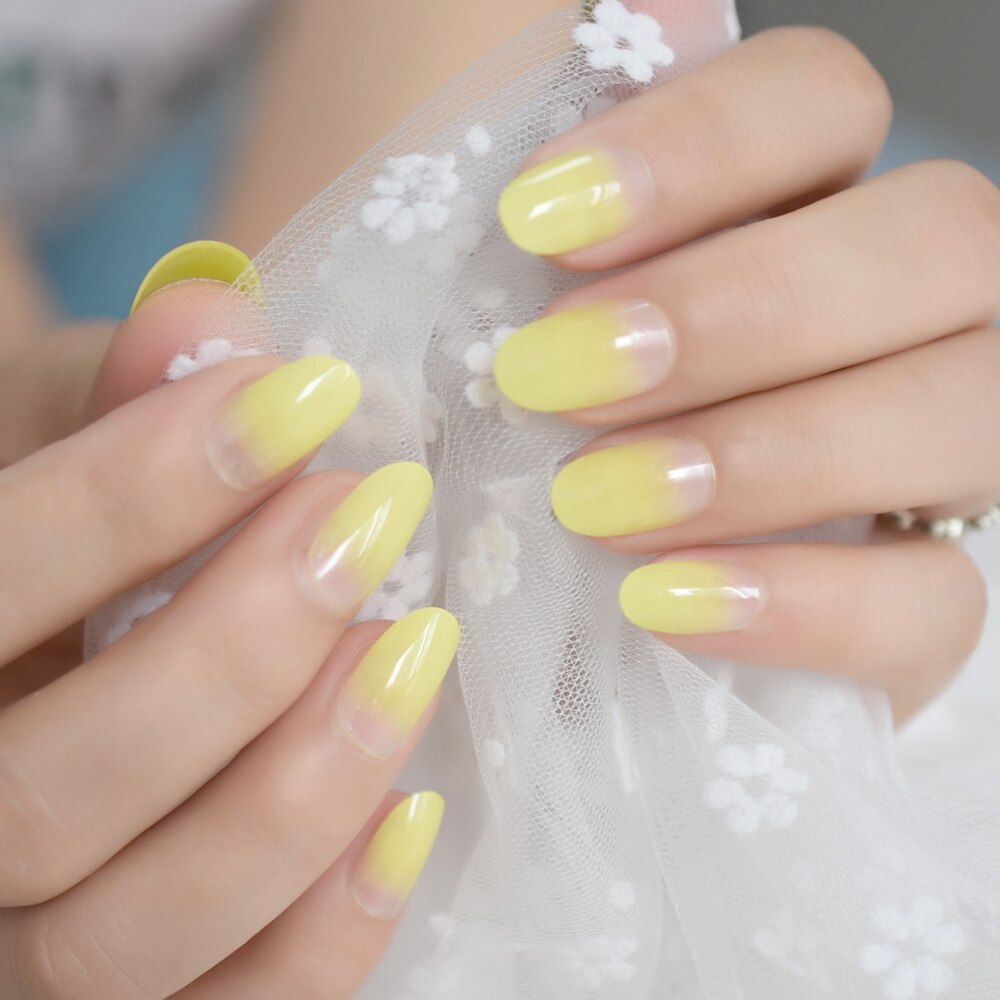 Summer Neon False Nails Ombre Lemon Yellow Oval Short Gradient Press On Fingernails Kit 24 with Glue Sticker