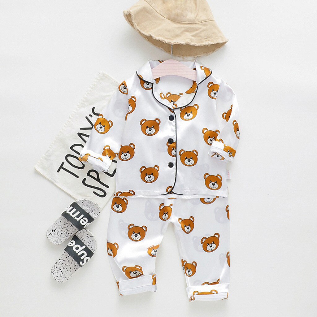 Toddler Sleepwear Outfits Boy Winter Long Sleeve Cartoon Bear Tops+Pants Pajamas Keep Warm Turn-down Collar Single Breasted D27#