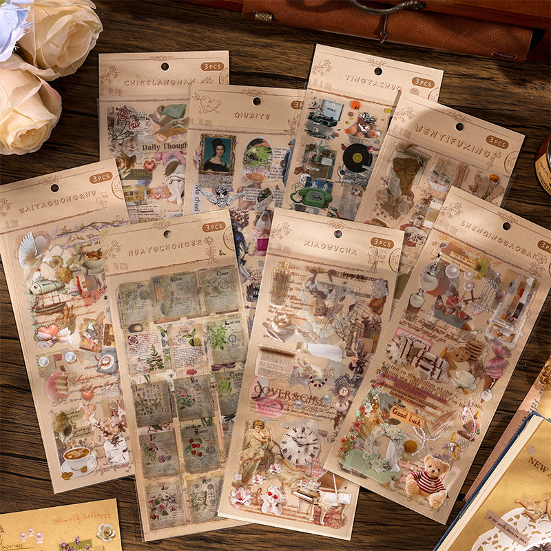 Journamm 3 unids/pack pegatinas Vintage Collage materiales de álbum de recortes DIY decoración de corte diario basura pegatinas estéticas impermeables para mascotas