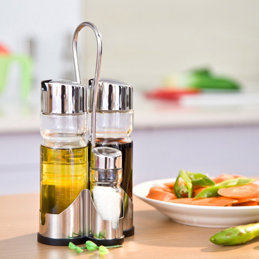 Oil and Vinegar Bottle Set 304 Stainless Steel Cap and Glass Cruet Slat/Pepper Shakers for Kitchen
