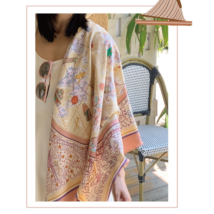 18Mm 100% Zijde Sjaal Mode Print Luxe Sjaals Wraps Voor Vrouwen Foulard "Reizen Wereld"
