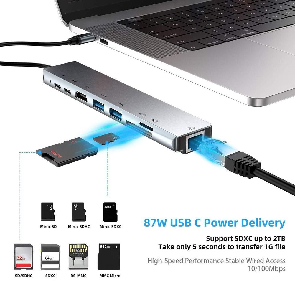 8 In 1 Type-C Tot 4K RJ45 Docking Station Usb 3.0 Tf Pd Charger Hub Adapter Snelle lader Dock Station Usb Docking Station