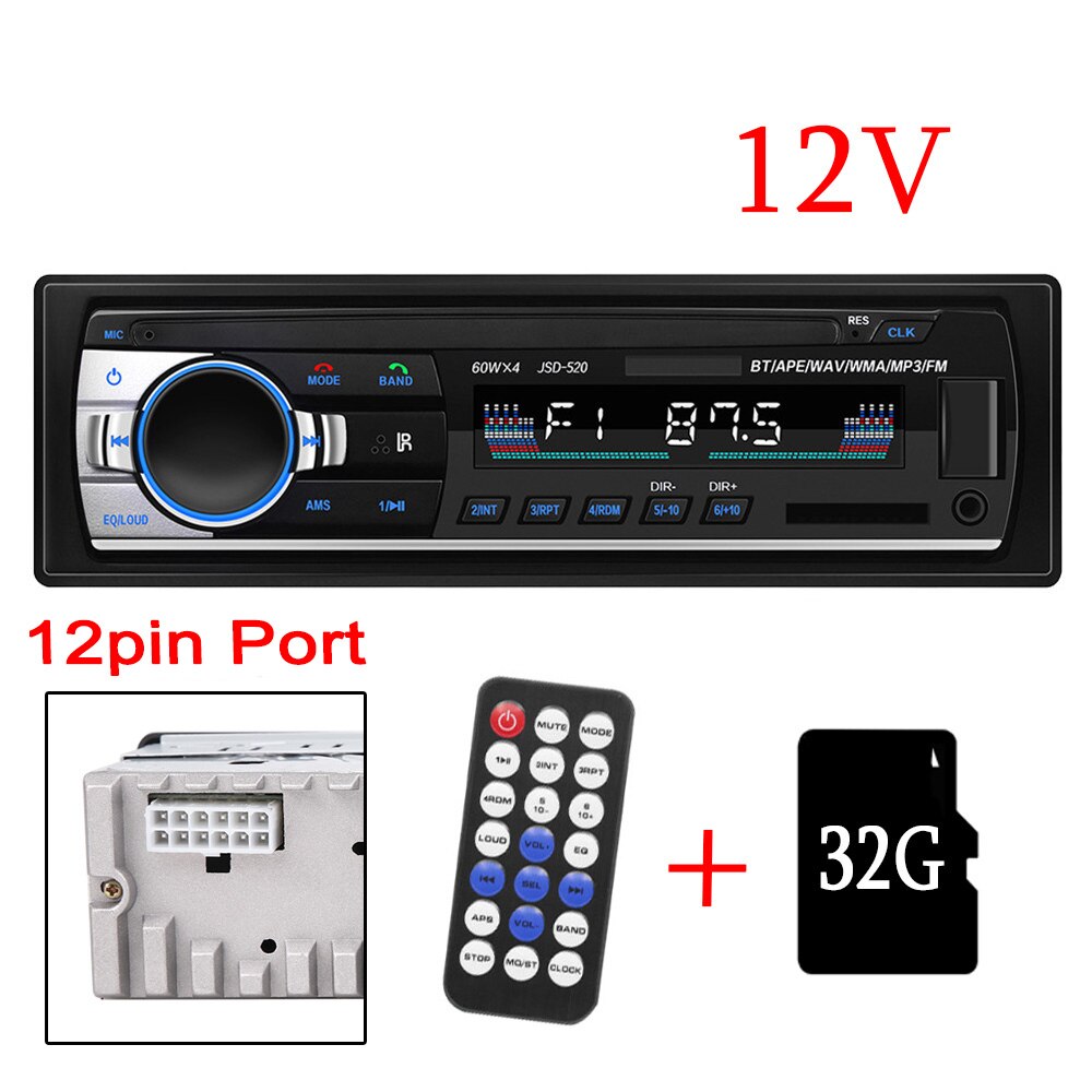 12-24V Autoradio JSD 520 estéreo 1 Din coche Radio Bluetooth Fm Entrada Aux receptor del camión del coche de Audio Usb SD Mp3 Mmc Wma manos libres: 12V 12Pin with 32G