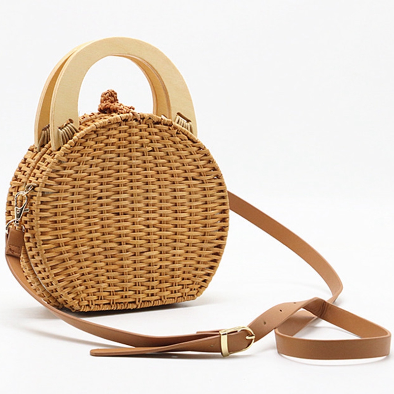 Bolso de ratán tejido con asa de madera a la para mujer, bolso de paja , bandolera de hombro (camello)