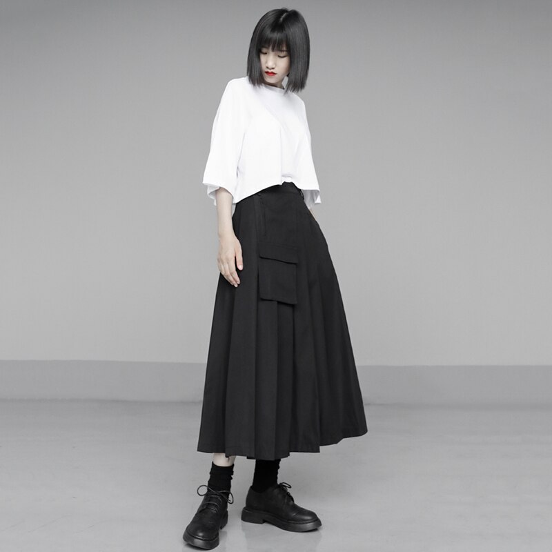 [EAM] taille haute noir poche fendue Joint plissé tempérament demi-corps jupe femmes marée printemps automne 1U326