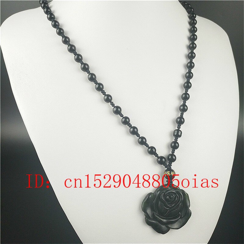 Certified Chinese Natural Black Green Jade Rose Pendant Necklace Obsidian Charm Jewellery Accessories Carved Amulet