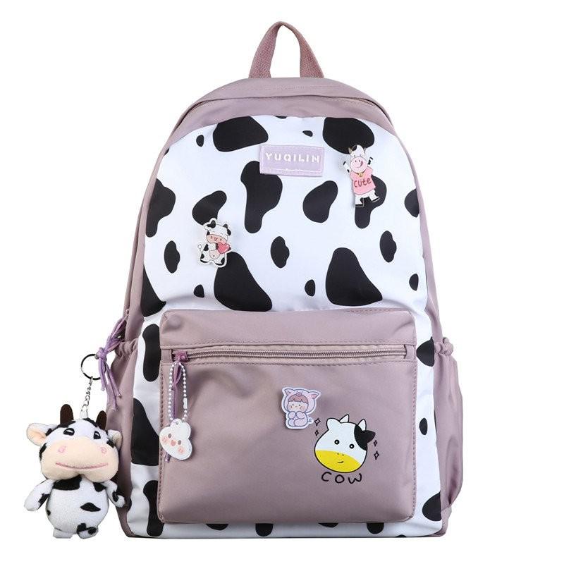 Cow Pattern Nyon Women Backpack Female Lovely School Bag For Teenage Girls Large Capacity Contrast Color Travel Bag Mochila: Purple