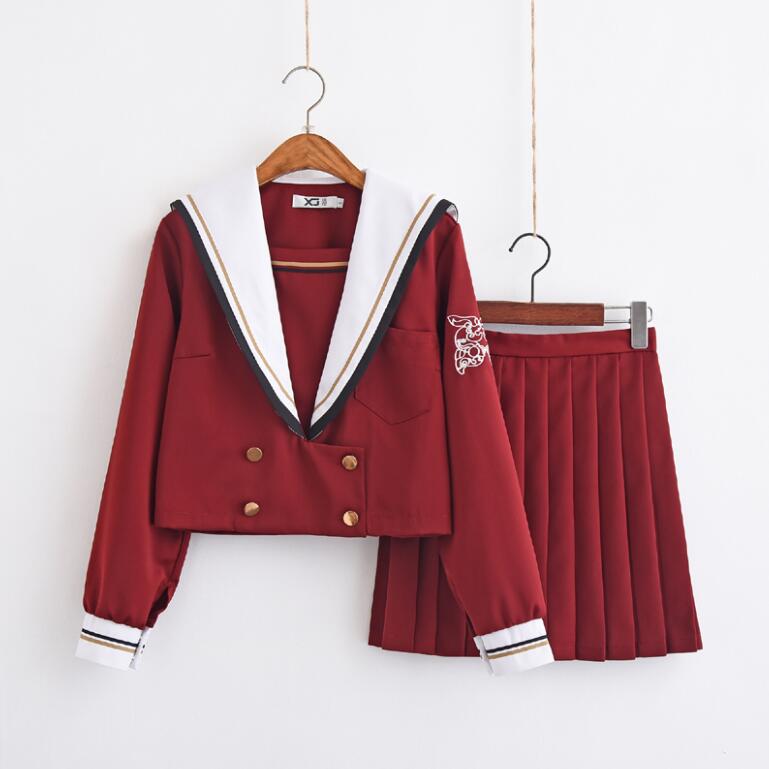 Traje de viento universitario de Japón, uniformes JK rojos del primer corazón de amor, falda, traje de marinero Kansai, uniforme escolar para estudiantes de manga larga, jkx118: 118 SHORT skirt suit / S
