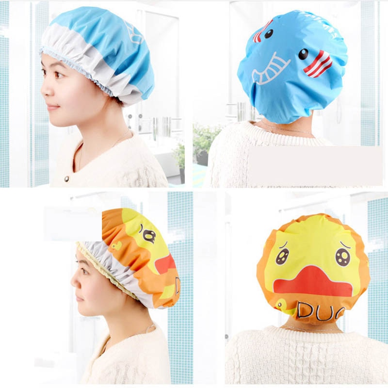 Gorra de baño para la ducha con dibujos animados, gorro de encaje elástico para baño y saunas, gorro para spa, protección para el cabello para niños y mujeres