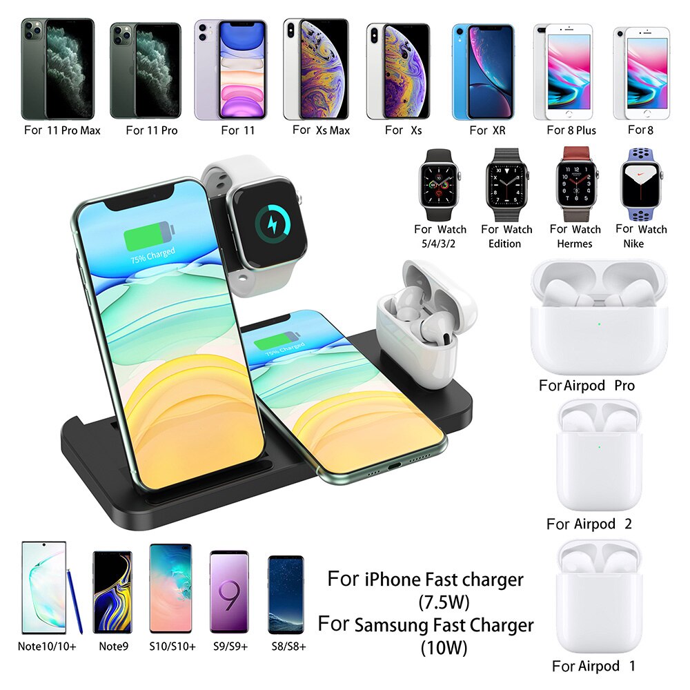 15W 4 In 1 Wireless Charger Dock Station for iPhone 13 12 11 X XS XR 8 Apple Watch 7 6 5 4 3 Airpods Pro Qi Fast Charging Stand