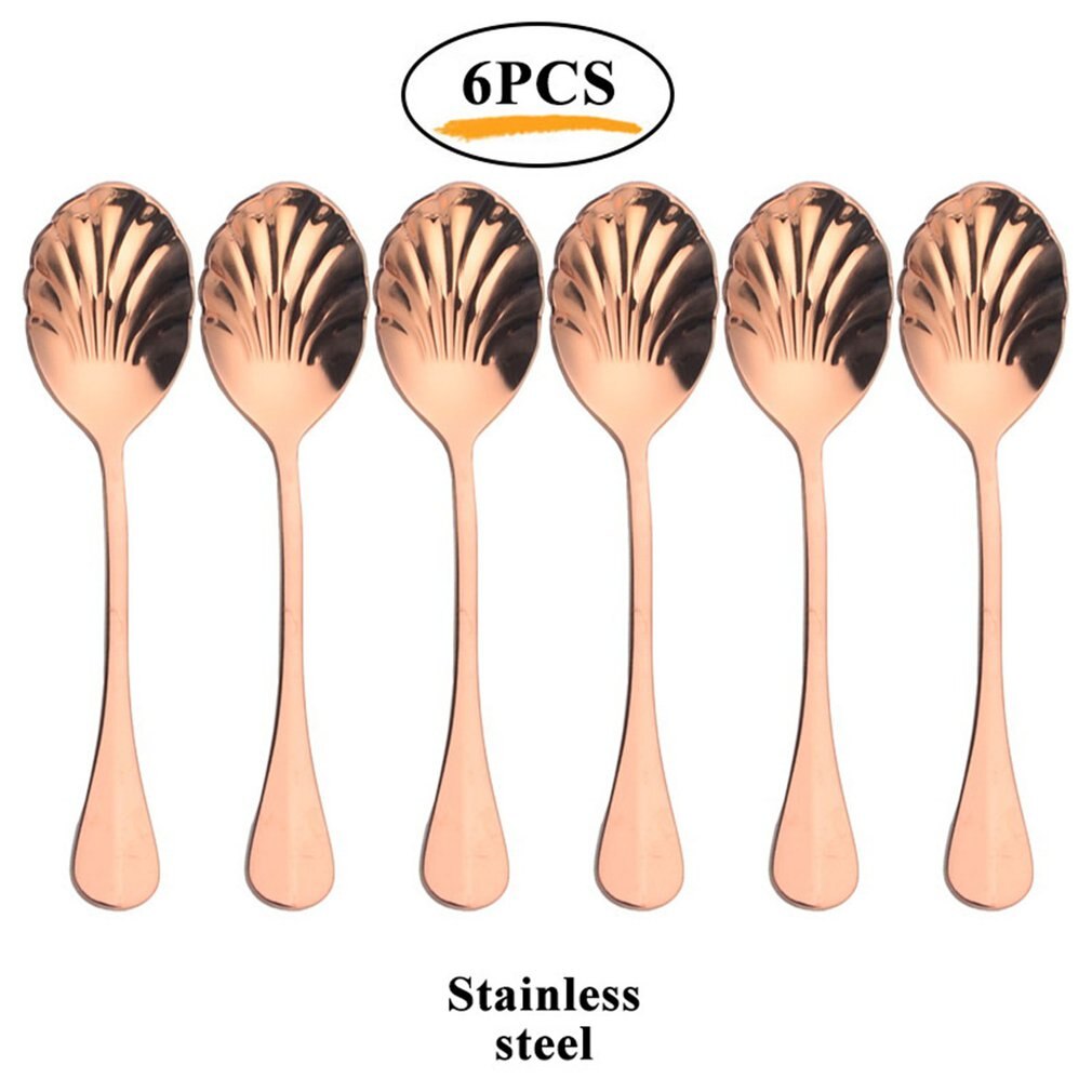 6Pcs Shell Shape Stainless Steel Teaspoons Coffee Spoons Ice Cream Sugar Dessert Spoons Colorful Rainbow Spoons for Kitchen Bar