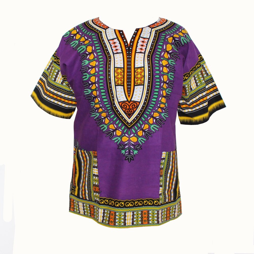 100% Katoen Afrikaanse Traditionele Print Korte Mouw Dashiki Kleding voor Mannen: New purple