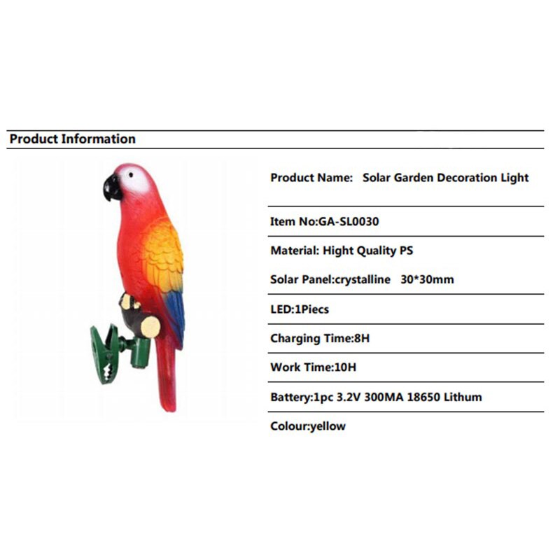 Solenergi led lys fugl papegøye lampe med klips nattlys for utendørs hage sti ornament sub