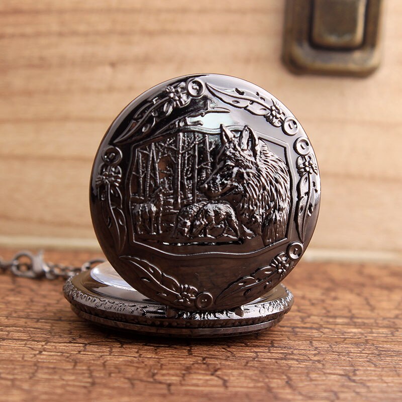 Retro Bronze Wolf Hollow Quartz Pocket Watch Mens Women Necklace Pendant FOB Chain Steampunk Pocket Watches: black wolf