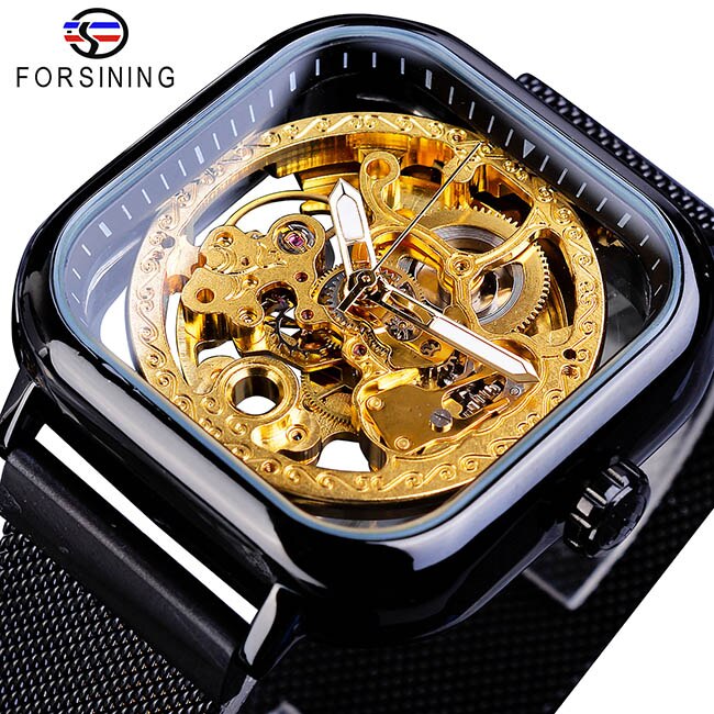 Mode Forsining Mannen Mechanische Horloges Automatische Self-Wind Golden Transparante Mesh Steel Horloge Skeleton Man Mannelijke Uur: GMT1148-2