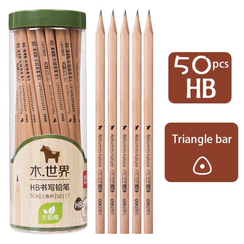 Deli log Wood Pencil 2B HB primary school children kindergarten writing test drawing sketch special pencil safety stationery: 50pcs HB  58117